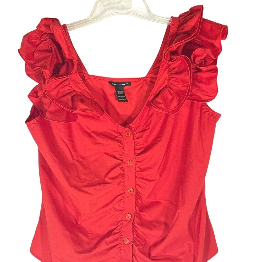 Ashley Stewart Y2K  Red Ruffle Sleeve Button-Front Women's Top‎